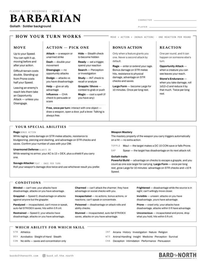 Level 1 goliath barbarian pregenerated character reference sheet